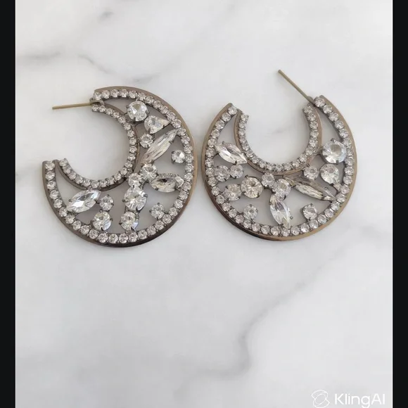 Crystal Crescent Hoop Earrings - Rhinestone Statement - Picture 2 of 3